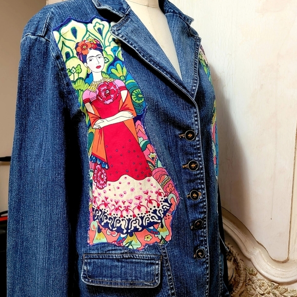 Las 3 Catrinas Frida Kahlo Inspired Upcycled denim Jacket Day of the dead - Picture 3 of 6
